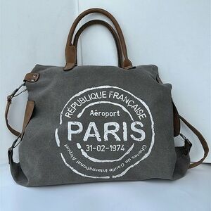 Chic Vintage Letter Print Canvas Bag with Large  Removable Strap & Zipper grey